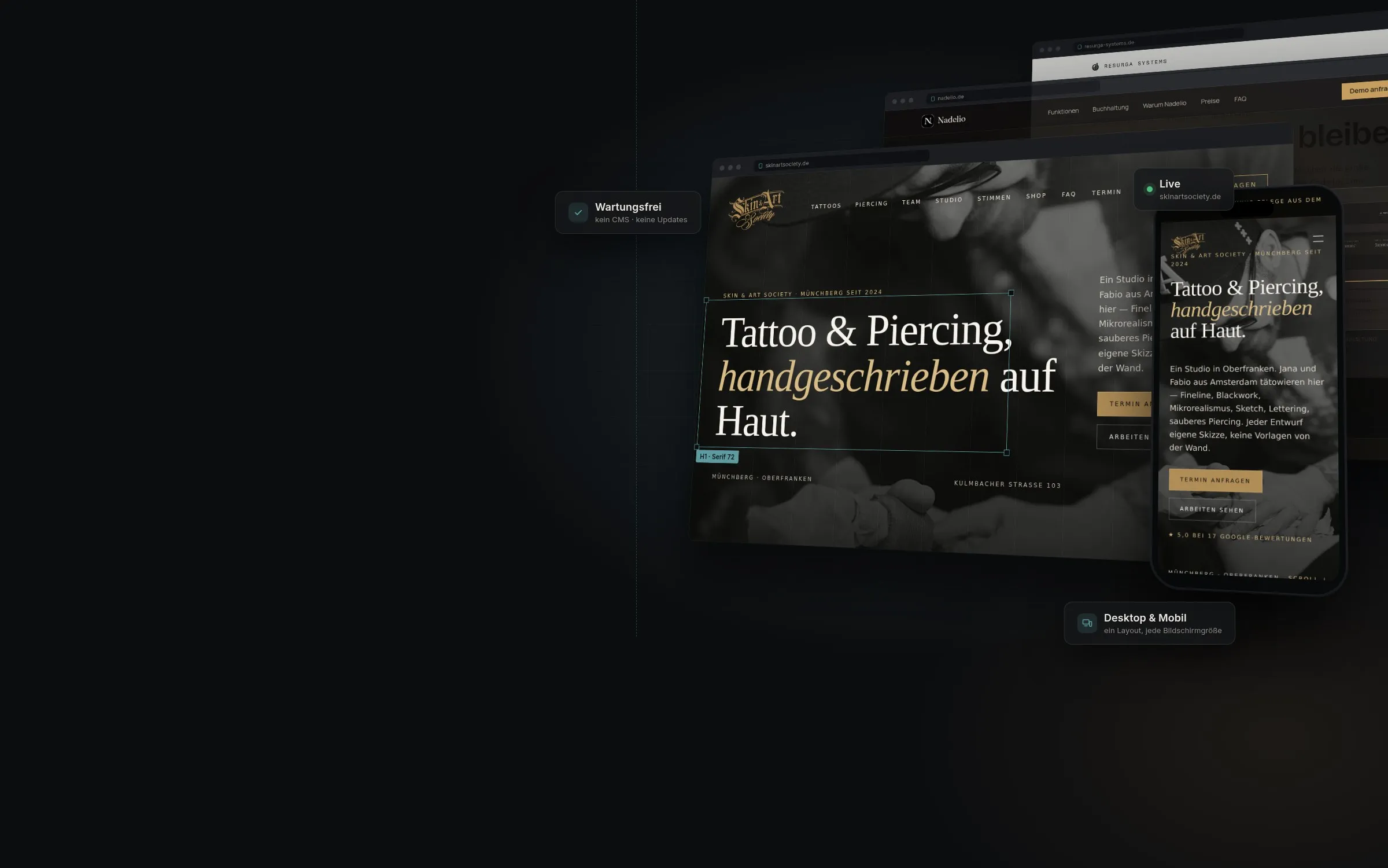 Referenz-Websites von Otto Schlemmer als Browser- und Smartphone-Ansicht: skinartsociety.de, nadelio.de und resurga-systems.de
